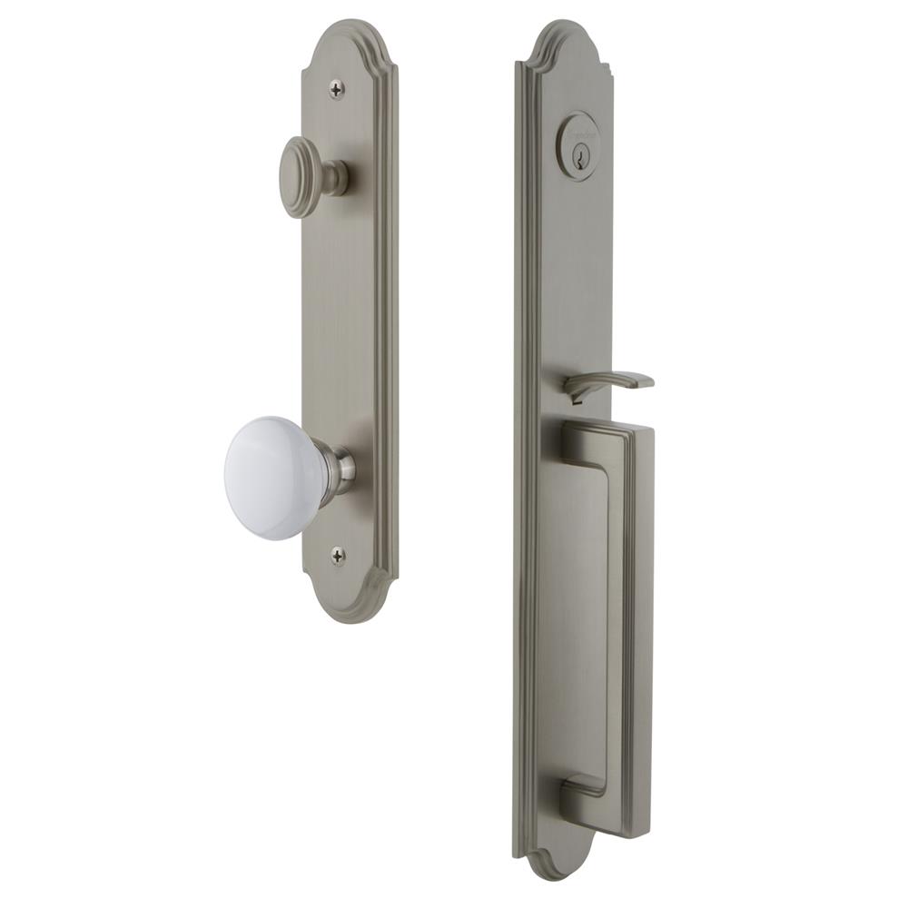 Grandeur by Nostalgic Warehouse ARCDGRHYD Arc One-Piece Handleset with D Grip and Hyde Park Knob in Satin Nickel
